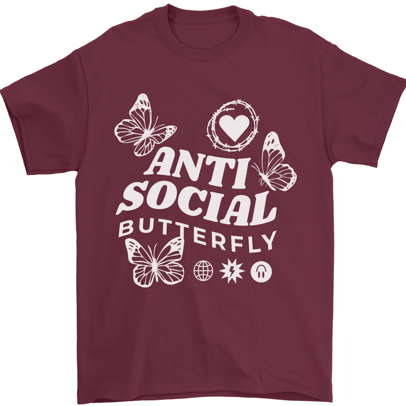 Antisocial Butterfly Funny Mens T-Shirt 100% Cotton Maroon