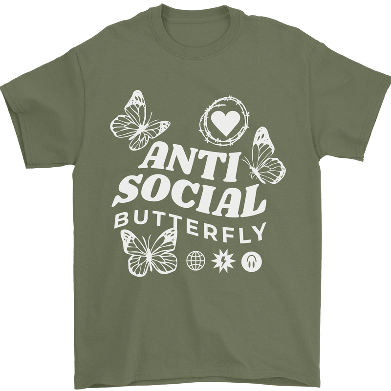 Antisocial Butterfly Funny Mens T-Shirt 100% Cotton Military Green