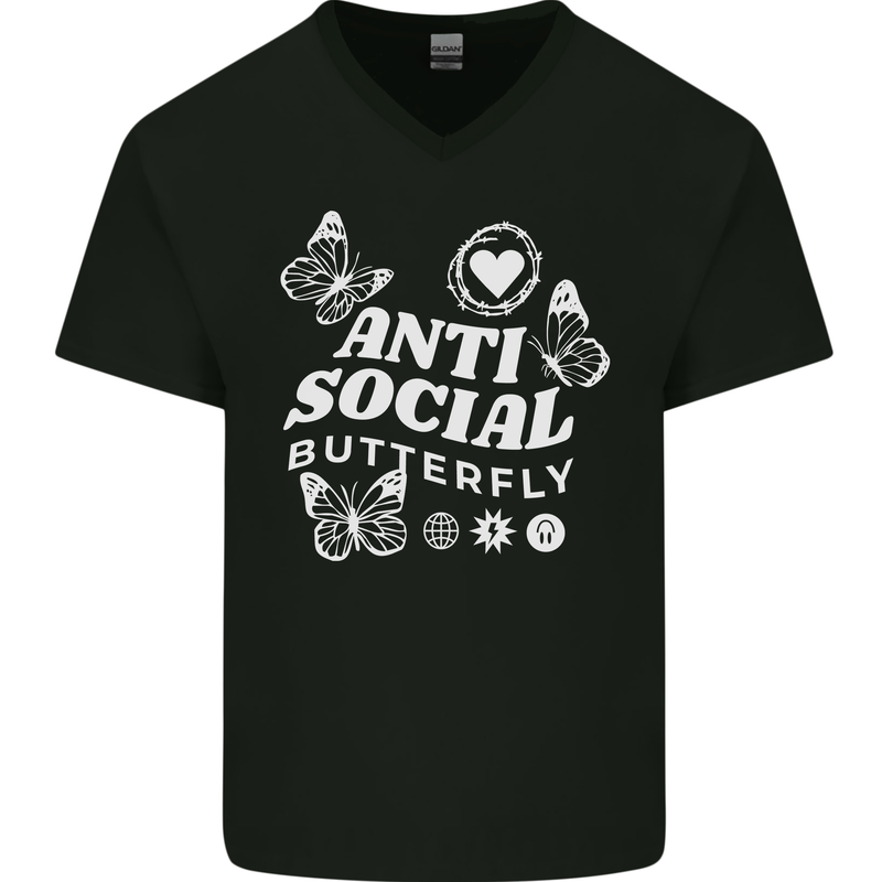 Antisocial Butterfly Funny Mens V-Neck Cotton T-Shirt Black