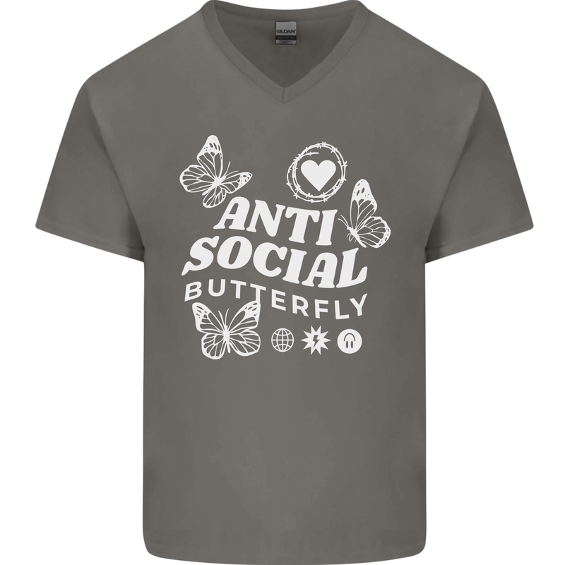 Antisocial Butterfly Funny Mens V-Neck Cotton T-Shirt Charcoal