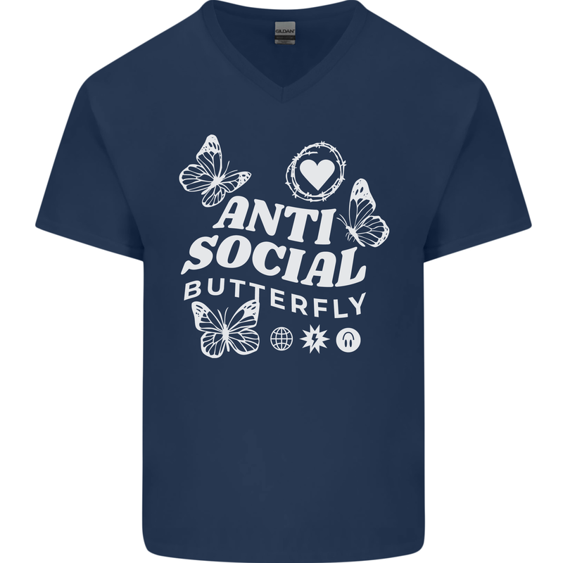 Antisocial Butterfly Funny Mens V-Neck Cotton T-Shirt Navy Blue