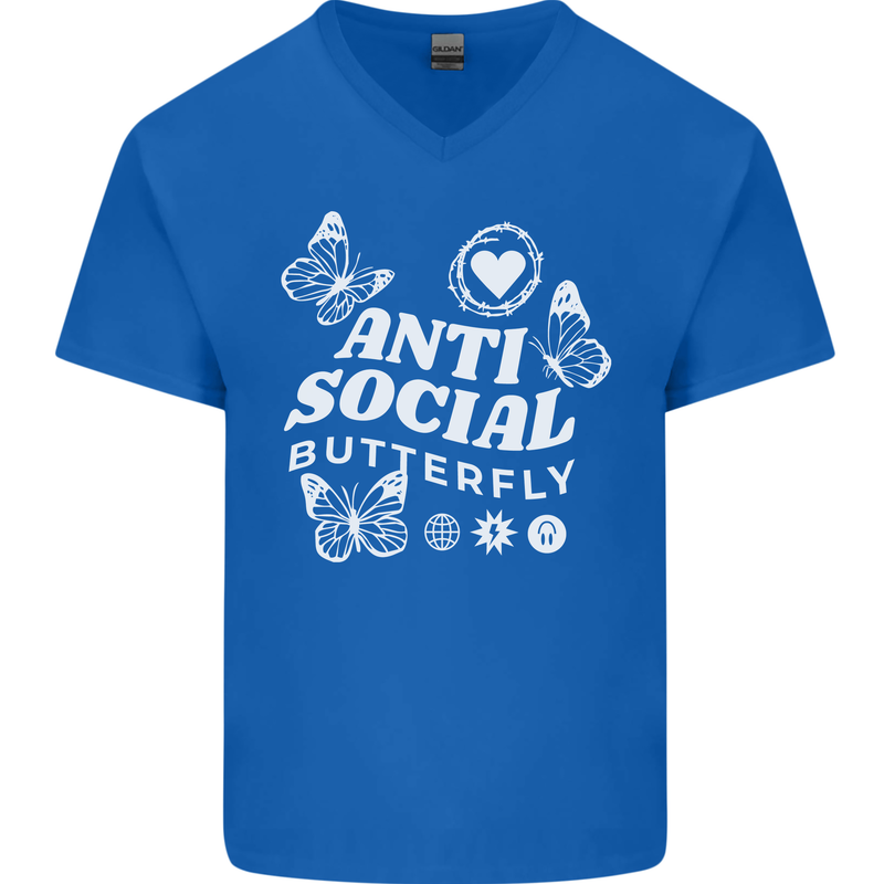 Antisocial Butterfly Funny Mens V-Neck Cotton T-Shirt Royal Blue