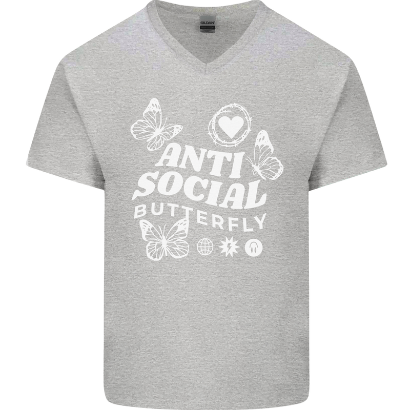 Antisocial Butterfly Funny Mens V-Neck Cotton T-Shirt Sports Grey