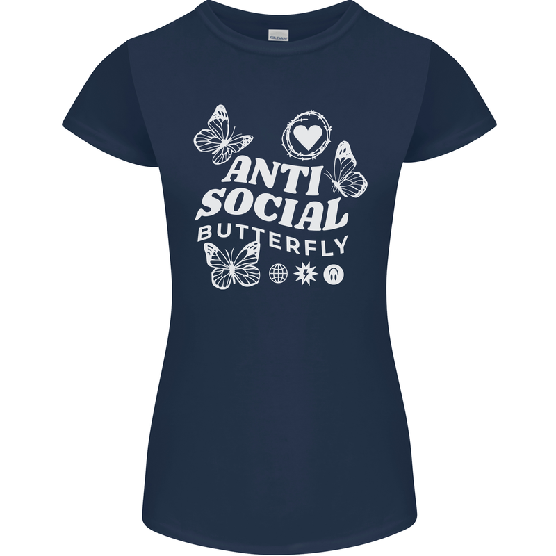 Antisocial Butterfly Funny Womens Petite Cut T-Shirt Navy Blue