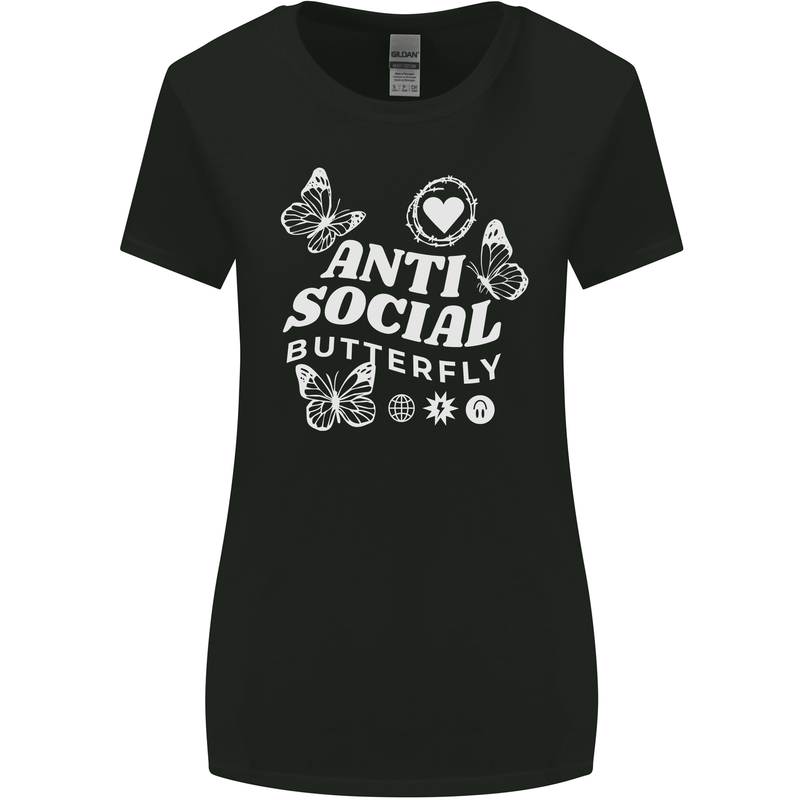 Antisocial Butterfly Funny Womens Wider Cut T-Shirt Black