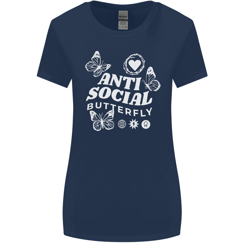 Antisocial Butterfly Funny Womens Wider Cut T-Shirt Navy Blue
