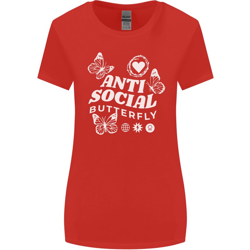 Antisocial Butterfly Funny Womens Wider Cut T-Shirt Red