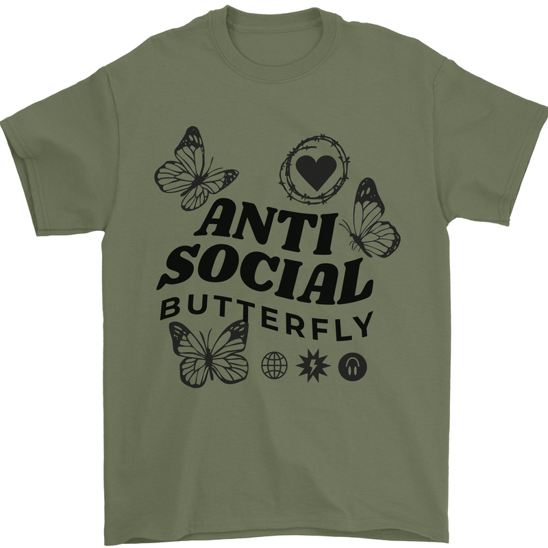 Antisocial Butterfly Mens T-Shirt 100% Cotton Military Green