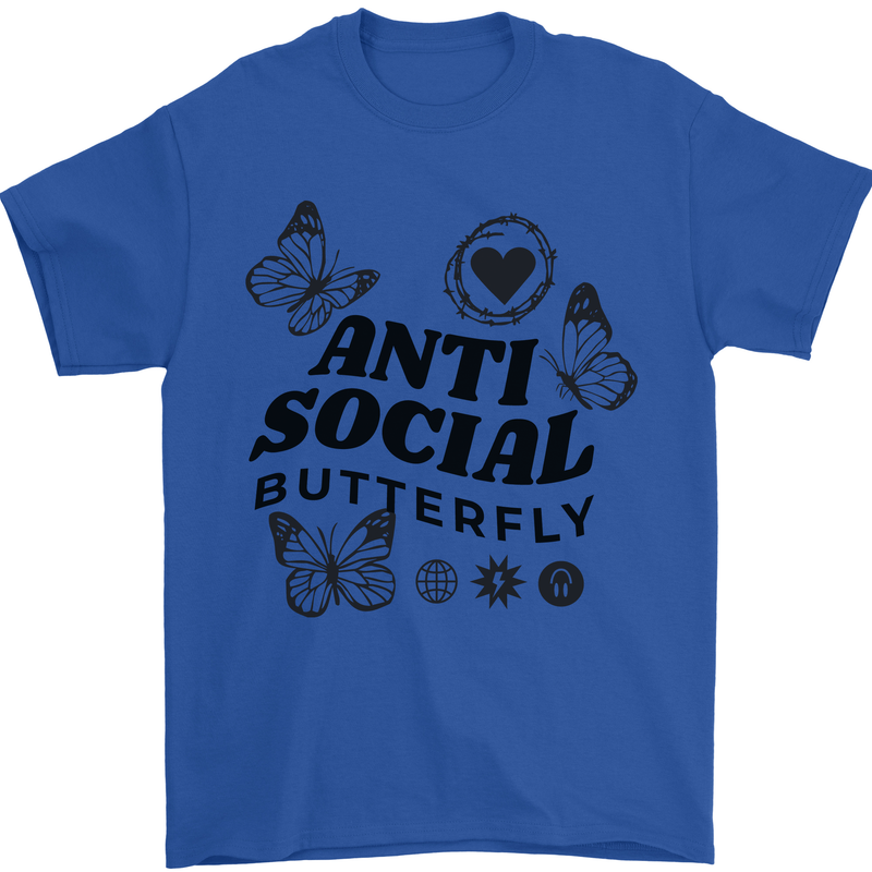 Antisocial Butterfly Mens T-Shirt 100% Cotton Royal Blue