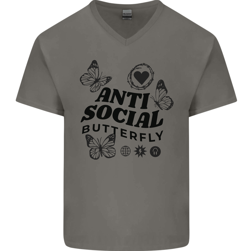 Antisocial Butterfly Mens V-Neck Cotton T-Shirt Charcoal