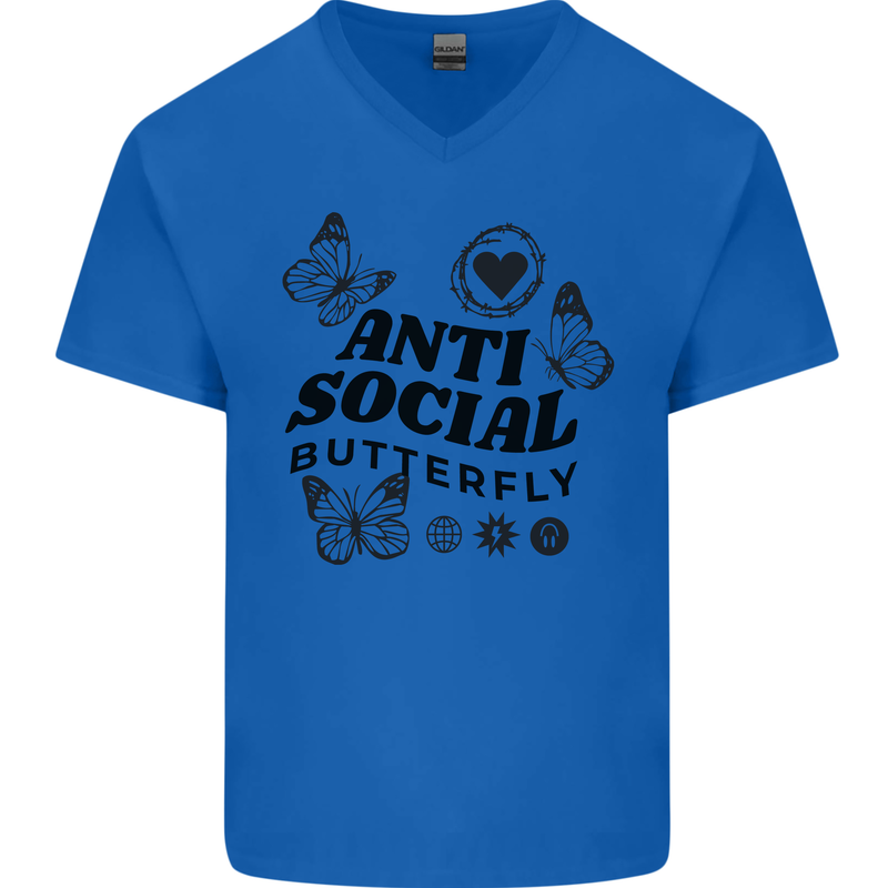 Antisocial Butterfly Mens V-Neck Cotton T-Shirt Royal Blue