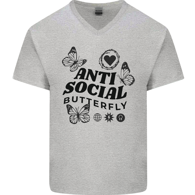 Antisocial Butterfly Mens V-Neck Cotton T-Shirt Sports Grey
