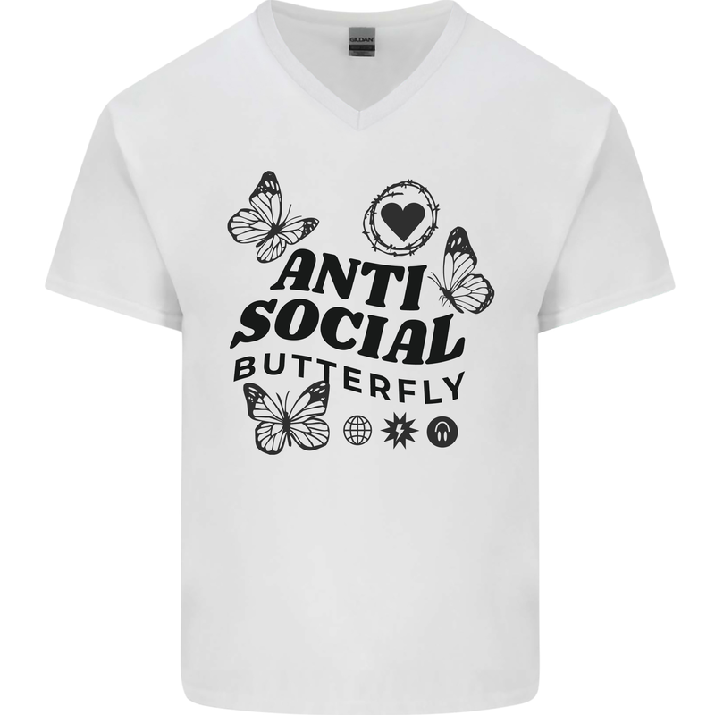 Antisocial Butterfly Mens V-Neck Cotton T-Shirt White