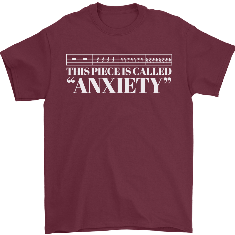 Anxiety Music Musical Notes Piano Guitar Mens T-Shirt 100% Cotton Maroon