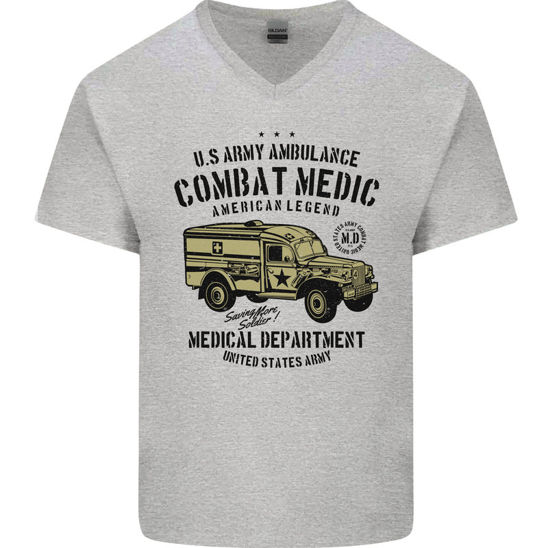 Army Ambulance Military Paramedic Medic Mens V-Neck Cotton T-Shirt Sports Grey