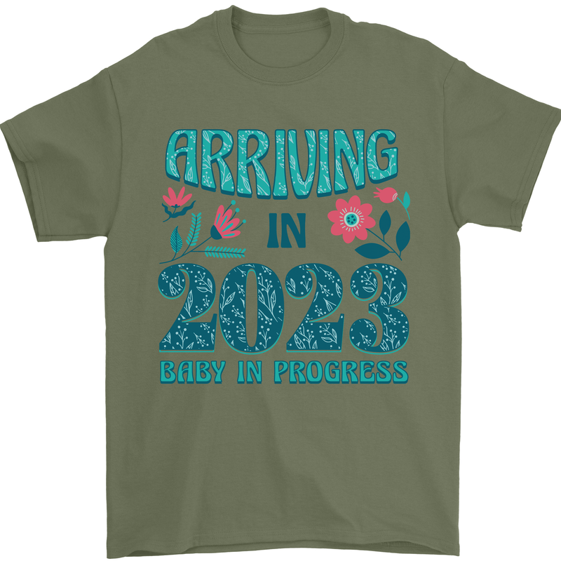 Arriving 2023 New Baby Pregnancy Pregnant Mens T-Shirt 100% Cotton Military Green