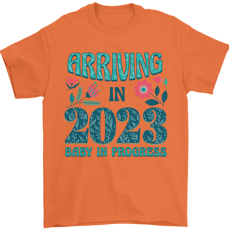 Arriving 2023 New Baby Pregnancy Pregnant Mens T-Shirt 100% Cotton Orange