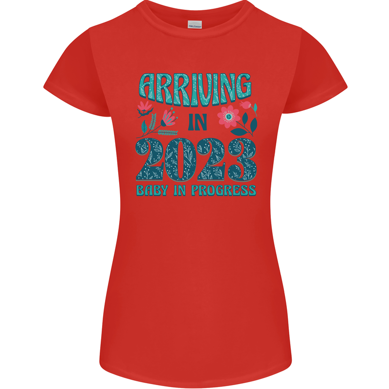 Arriving 2023 New Baby Pregnancy Pregnant Womens Petite Cut T-Shirt Red