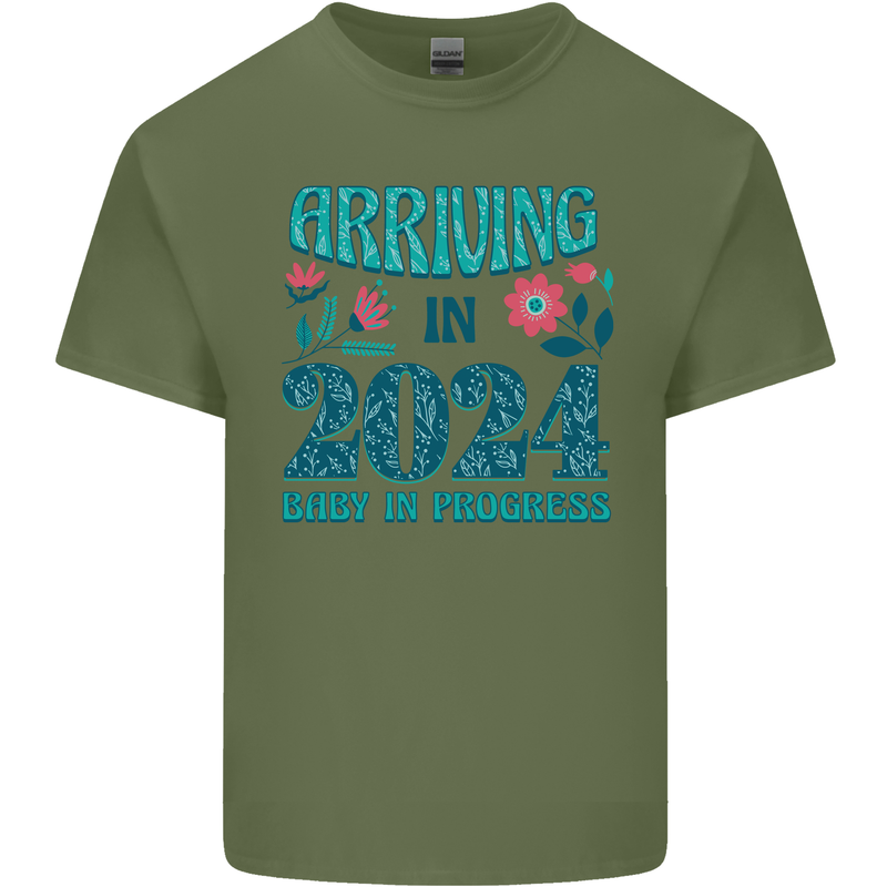 Arriving 2024 New Baby Pregnancy Pregnant Mens Cotton T-Shirt Tee Top Military Green