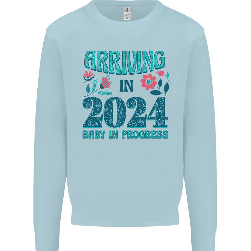 Arriving 2024 New Baby Pregnancy Pregnant Mens Sweatshirt Jumper Light Blue