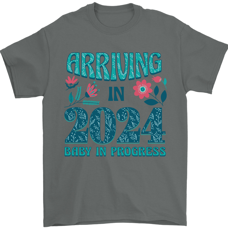 Arriving 2024 New Baby Pregnancy Pregnant Mens T-Shirt 100% Cotton Charcoal