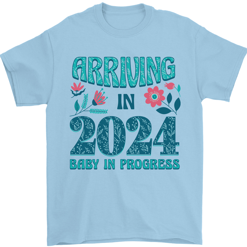 Arriving 2024 New Baby Pregnancy Pregnant Mens T-Shirt 100% Cotton Light Blue