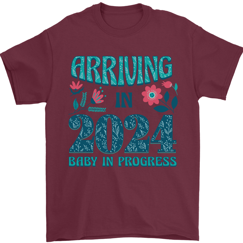 Arriving 2024 New Baby Pregnancy Pregnant Mens T-Shirt 100% Cotton Maroon