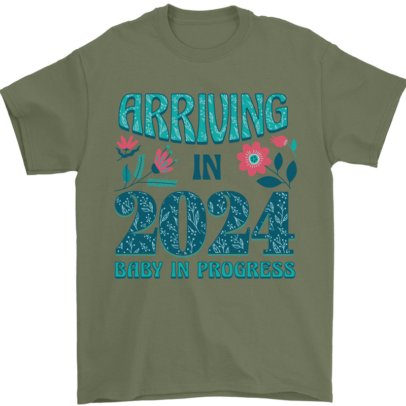 Arriving 2024 New Baby Pregnancy Pregnant Mens T-Shirt 100% Cotton Military Green