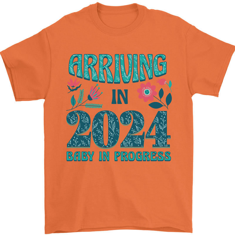 Arriving 2024 New Baby Pregnancy Pregnant Mens T-Shirt 100% Cotton Orange