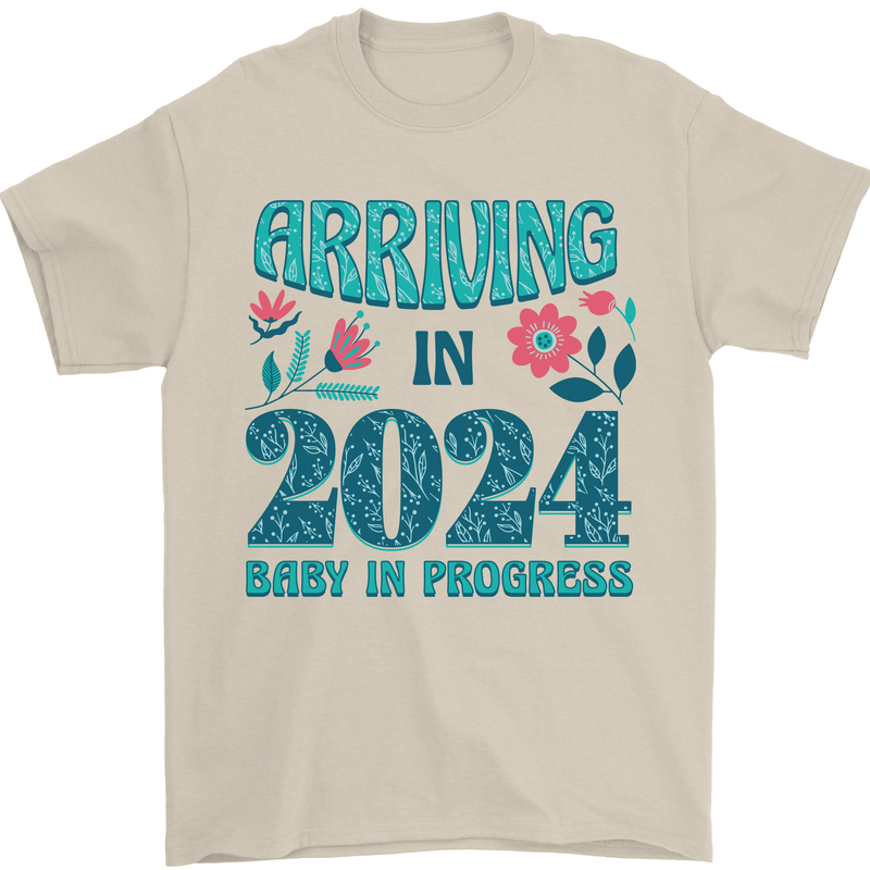 Arriving 2024 New Baby Pregnancy Pregnant Mens T-Shirt 100% Cotton Sand