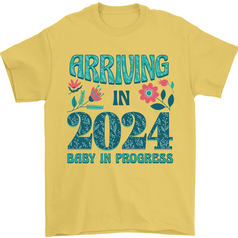 Arriving 2024 New Baby Pregnancy Pregnant Mens T-Shirt 100% Cotton Yellow
