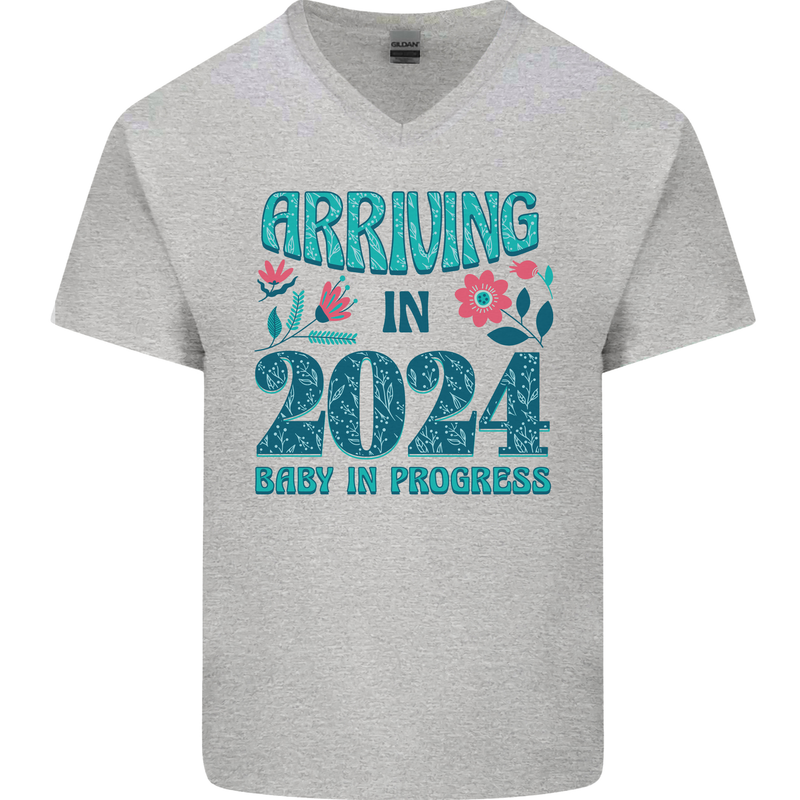 Arriving 2024 New Baby Pregnancy Pregnant Mens V-Neck Cotton T-Shirt Sports Grey