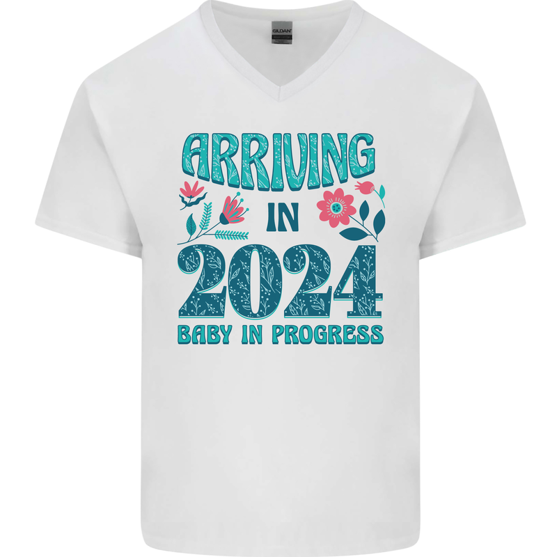 Arriving 2024 New Baby Pregnancy Pregnant Mens V-Neck Cotton T-Shirt White