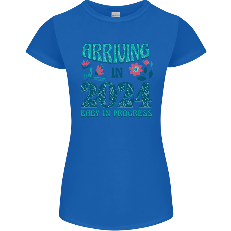 Arriving 2024 New Baby Pregnancy Pregnant Womens Petite Cut T-Shirt Royal Blue