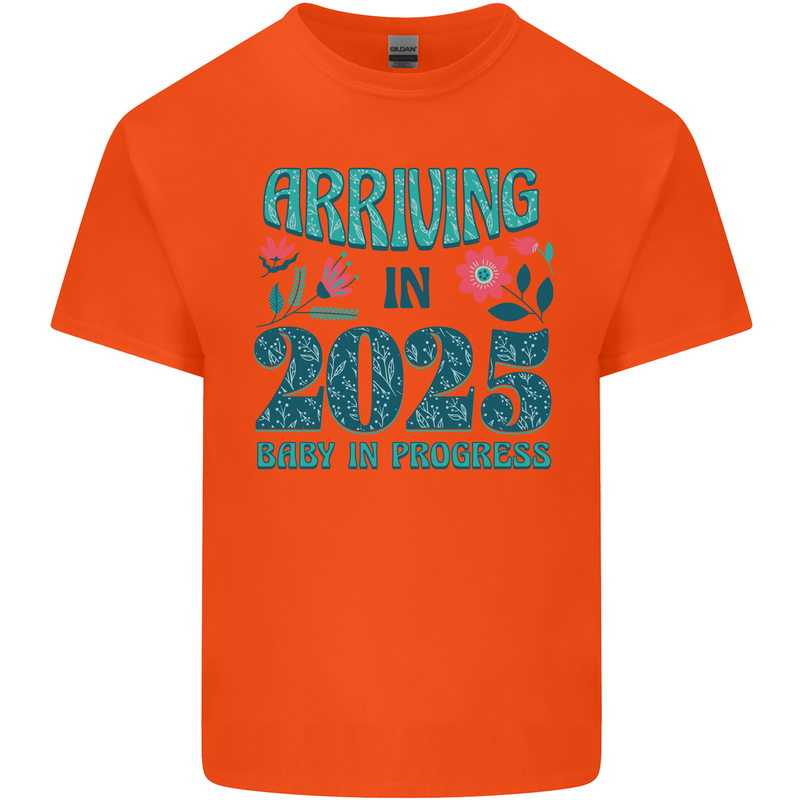 Arriving 2025 New Baby Pregnancy Pregnant Mens Cotton T-Shirt Tee Top Orange
