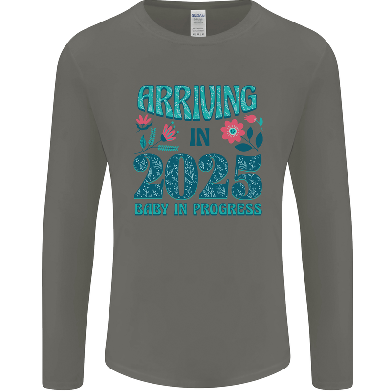 Arriving 2025 New Baby Pregnancy Pregnant Mens Long Sleeve T-Shirt Charcoal