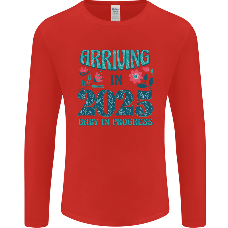Arriving 2025 New Baby Pregnancy Pregnant Mens Long Sleeve T-Shirt Red
