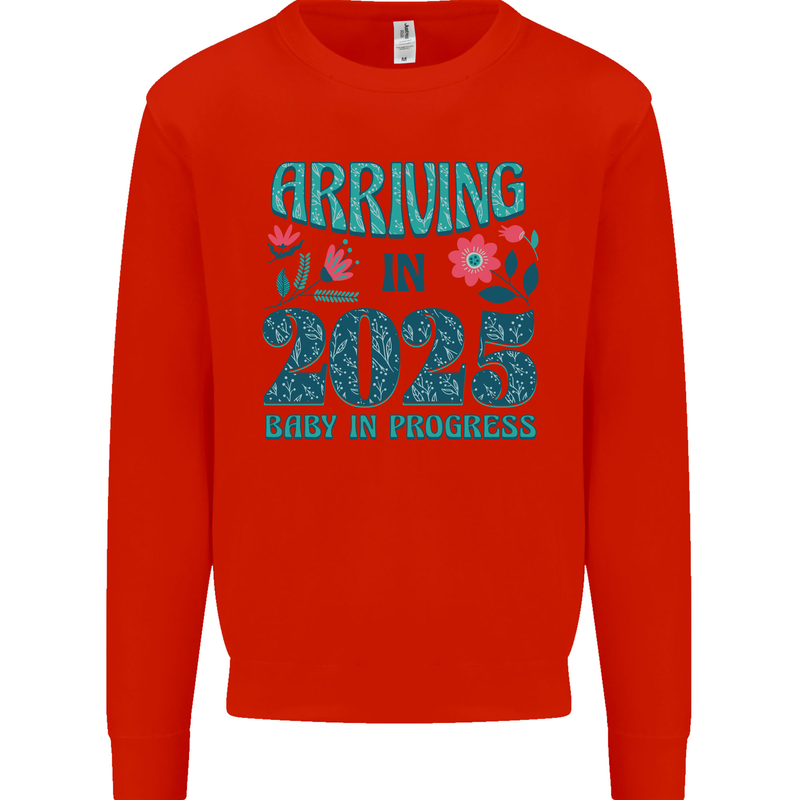 Arriving 2025 New Baby Pregnancy Pregnant Mens Sweatshirt Jumper Bright Red