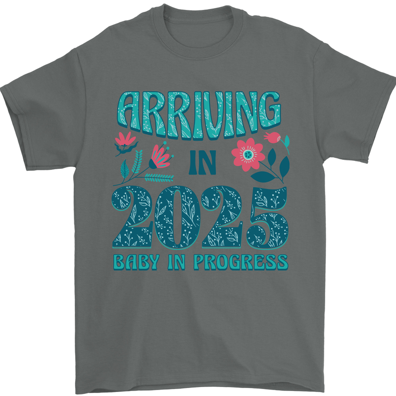 Arriving 2025 New Baby Pregnancy Pregnant Mens T-Shirt 100% Cotton Charcoal