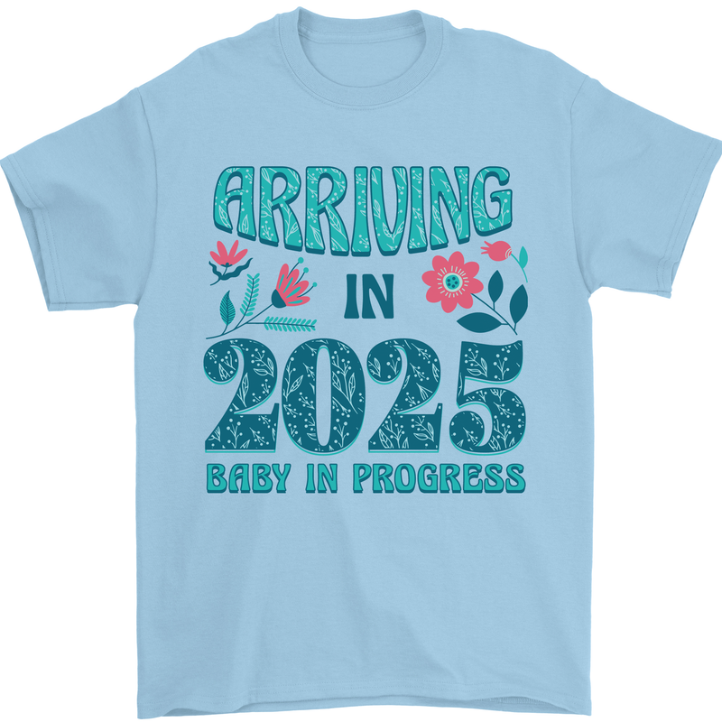 Arriving 2025 New Baby Pregnancy Pregnant Mens T-Shirt 100% Cotton Light Blue