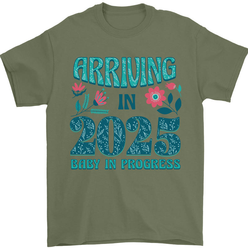 Arriving 2025 New Baby Pregnancy Pregnant Mens T-Shirt 100% Cotton Military Green