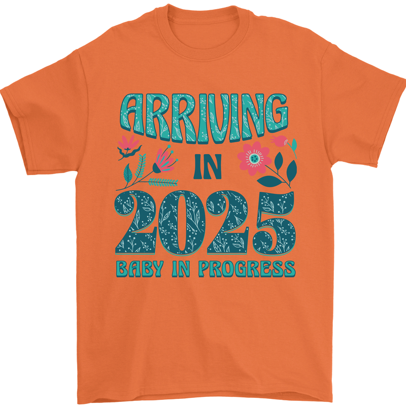 Arriving 2025 New Baby Pregnancy Pregnant Mens T-Shirt 100% Cotton Orange