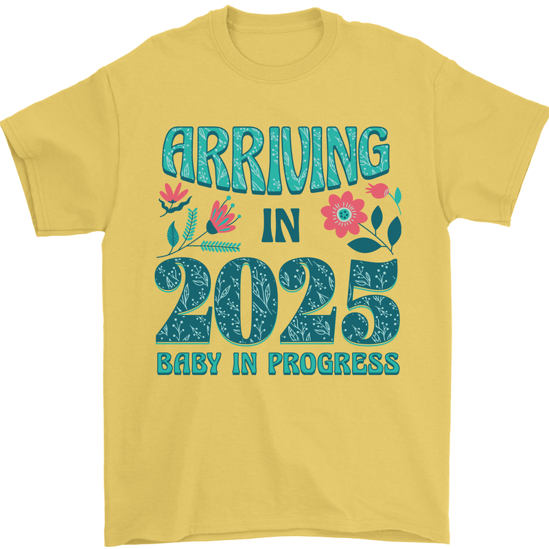 Arriving 2025 New Baby Pregnancy Pregnant Mens T-Shirt 100% Cotton Yellow