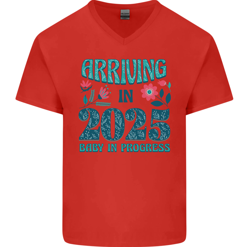 Arriving 2025 New Baby Pregnancy Pregnant Mens V-Neck Cotton T-Shirt Red