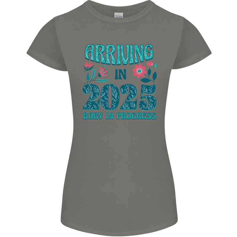 Arriving 2025 New Baby Pregnancy Pregnant Womens Petite Cut T-Shirt Charcoal