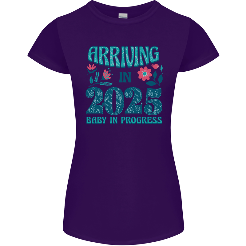 Arriving 2025 New Baby Pregnancy Pregnant Womens Petite Cut T-Shirt Purple