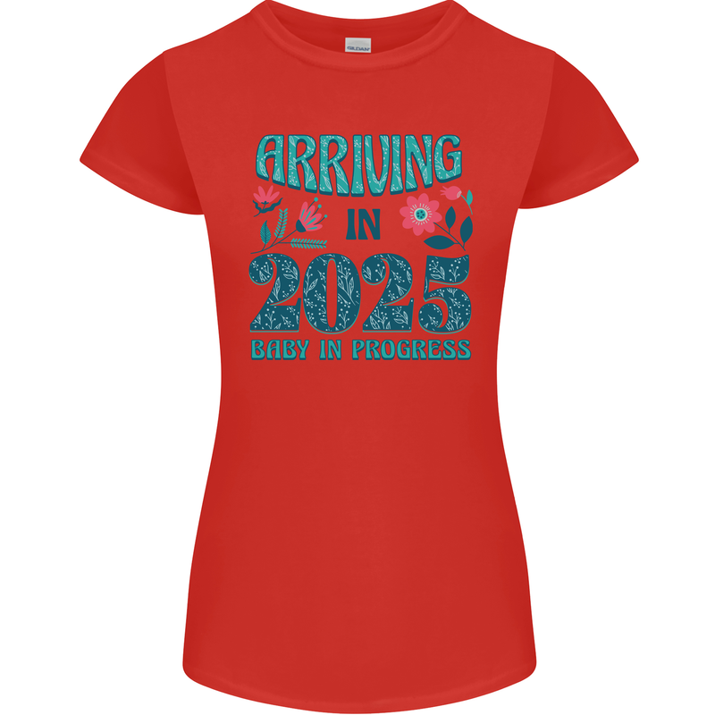 Arriving 2025 New Baby Pregnancy Pregnant Womens Petite Cut T-Shirt Red