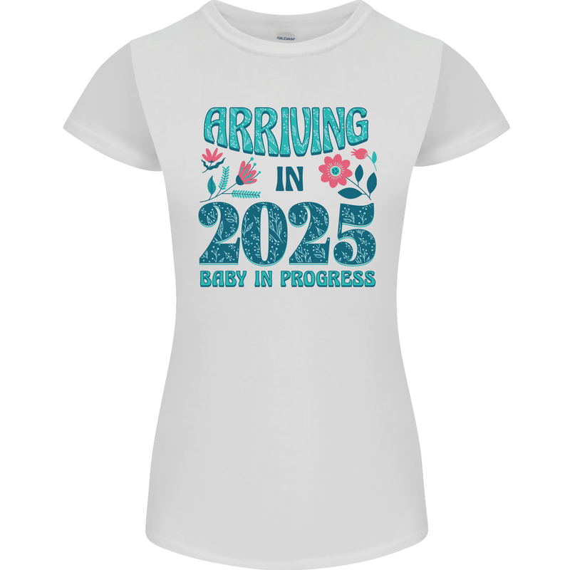Arriving 2025 New Baby Pregnancy Pregnant Womens Petite Cut T-Shirt White
