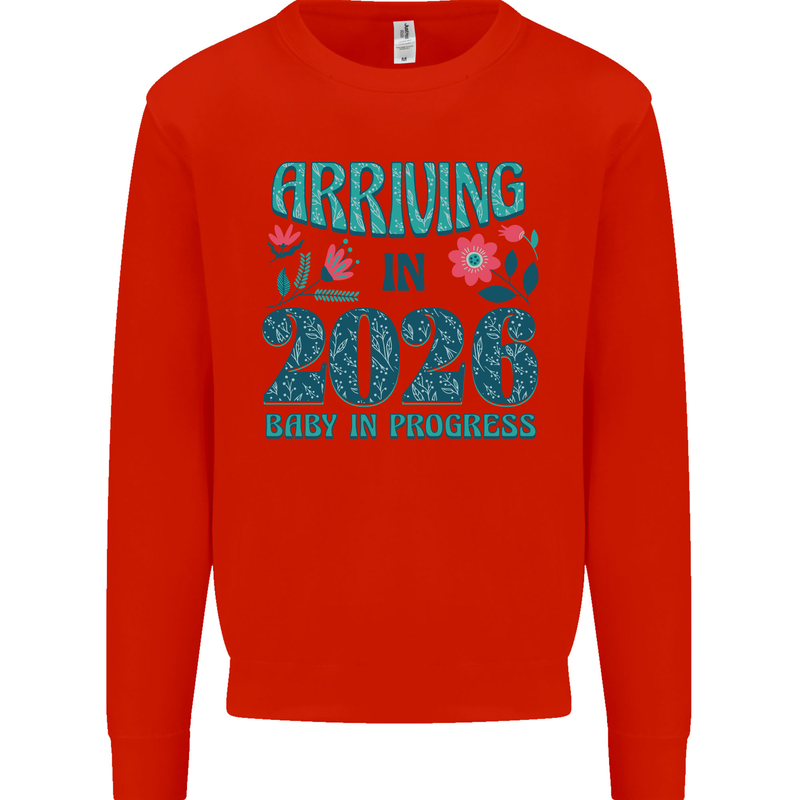 Arriving 2026 New Baby Pregnancy Pregnant Kids Sweatshirt Jumper Bright Red