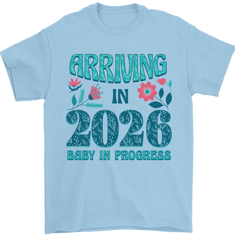 Arriving 2026 New Baby Pregnancy Pregnant Mens T-Shirt 100% Cotton Light Blue